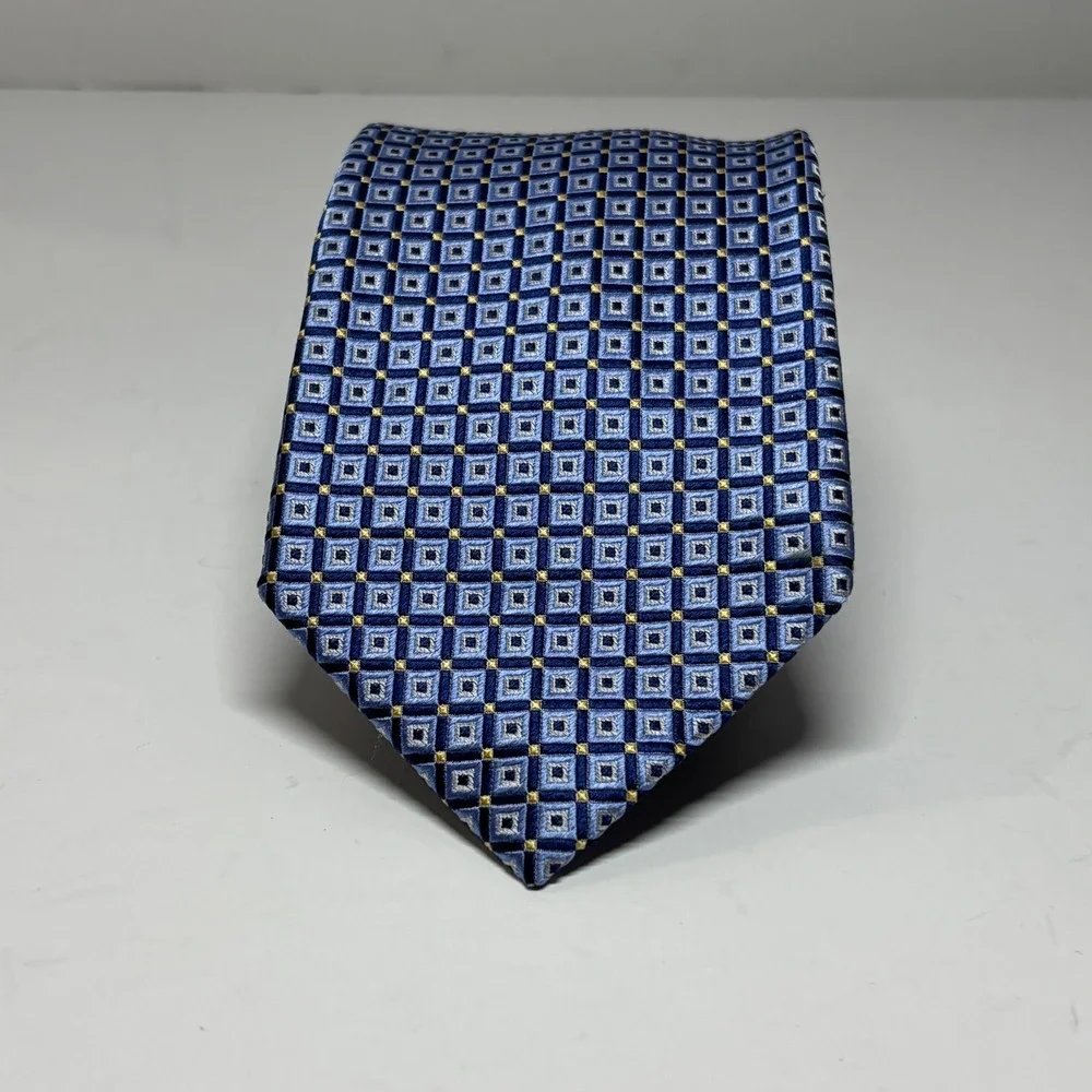 Chaps Silk Tie Mens OS Blue‎ Geometric Square Pattern Classic Formal Preppy